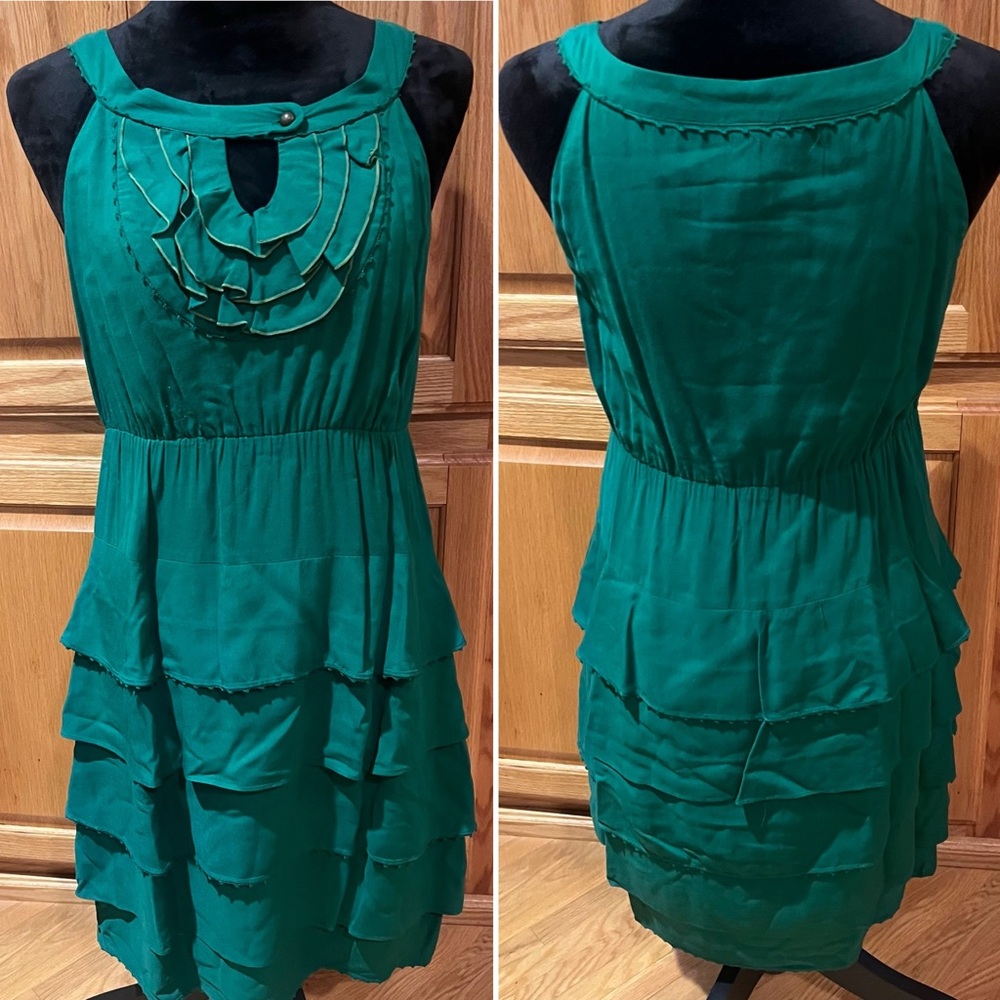 Maeve by Anthropologie Gathered Together Sheath Ruffle Dress Enerald Green Sz‎ 2